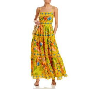 chinese dress ladies Yellow Flowering Garden Tree Organic Cotton Maxi Dress